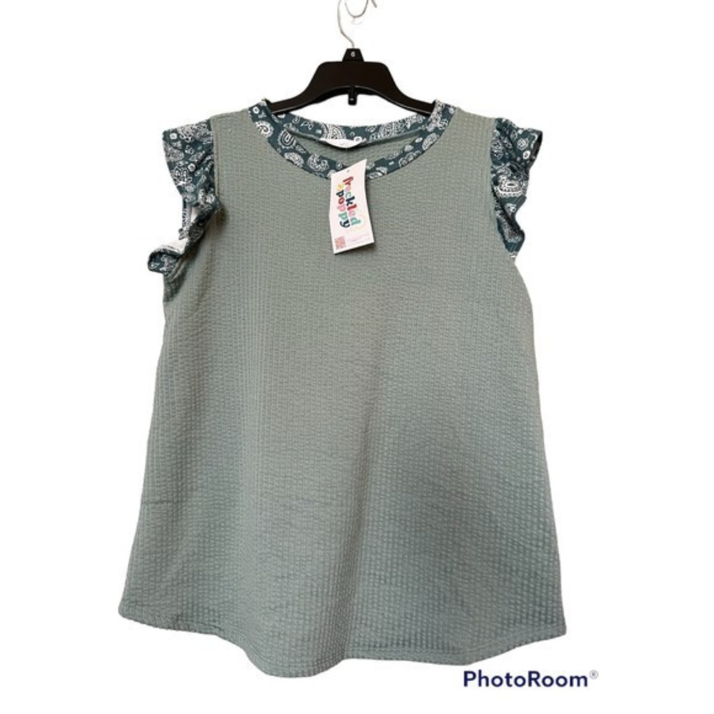 NWT‎ Ces Femme textured tank with paisley ruffle sleeve Small